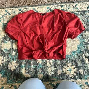 Red Poofy Sleeve Tie front Top